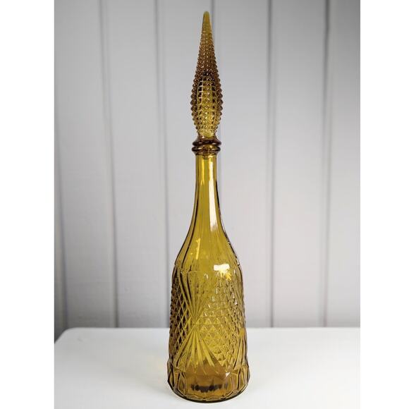Vintage Amber Glass Pointed Empoli Diamond Point Genie Bottle with Stopper 20in - Picture 1 of 13